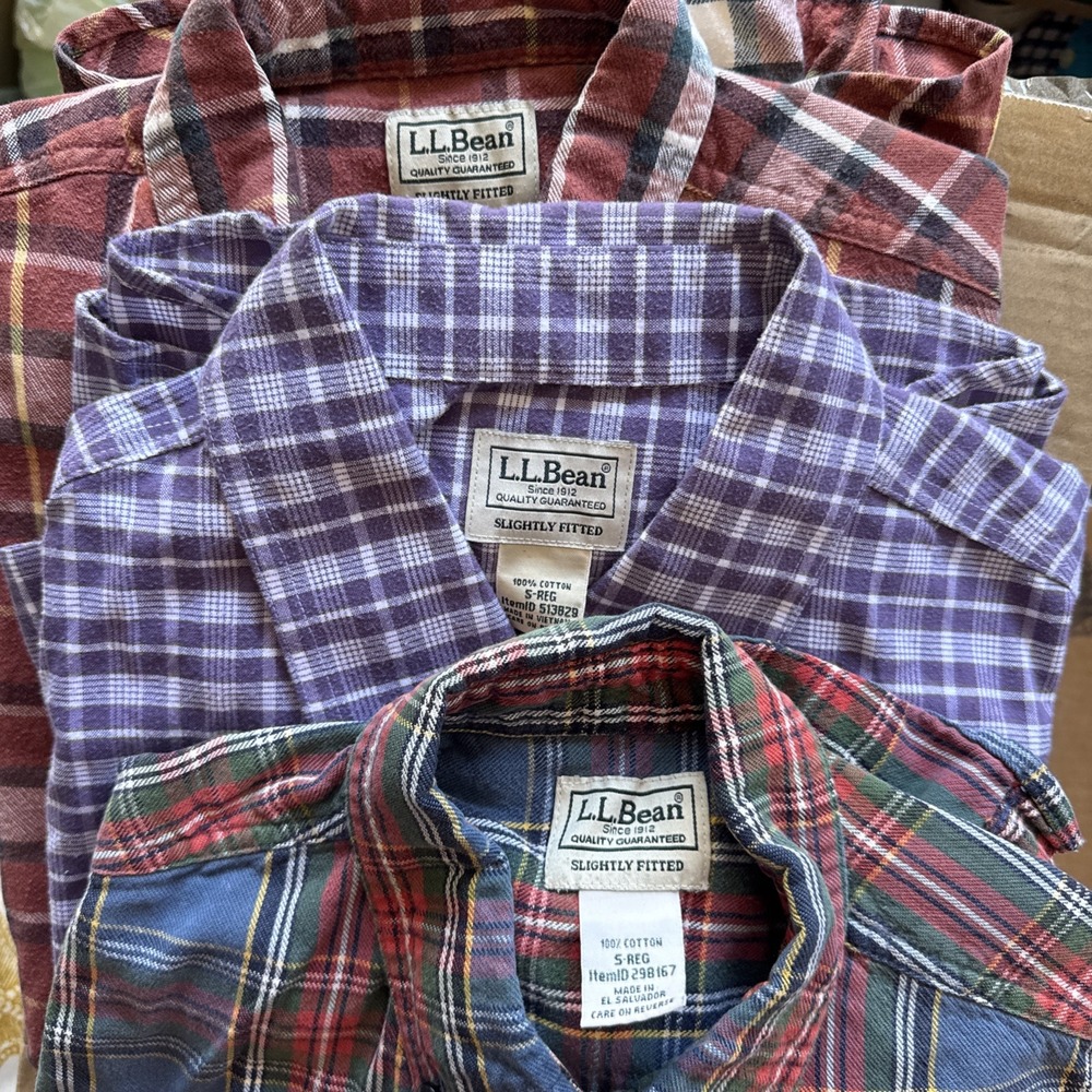 LL Bean Slightly Fitted Flannel Shirts Mens S Regular Plaid Lot Of 3